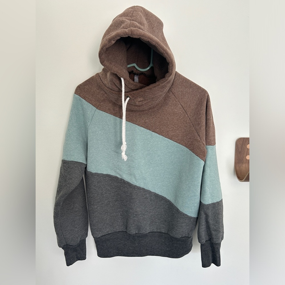 Asymmetrical drawstring hoodie in sage, espresso + heather grey diagonal stripes